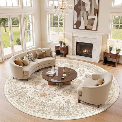 zesthome 8ft Round Rugs for Living Room, Non-Slip Washable Round Area Rugs, Ultra-Thin Large Circle Rugs, Soft Low Pile Rug for Bedroom, Kitchen - Vintage Stain Resistant Round Rug (Cream/Beige,8'x8')