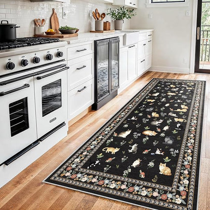 3x7 Washable Kitchen Runner Rug - Soft Low Pile Floral Animal Cat Print Rugs with Non-Slip Backing Waterproof Stain-Resistant Indoor Carpet for Hallway Entryway Bathroom Bedroom (Black)