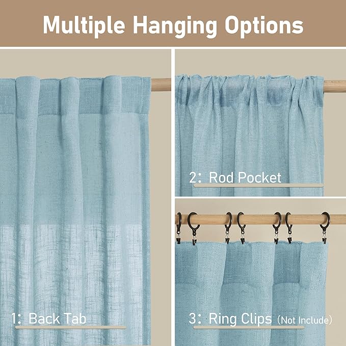 LAMIT Stone Blue Linen Curtains 54 Inch Length 2 Panels, Light Filtering Panels Back Tab and Rod Pocket Country Decor Drapes for Bathroom/Window/Bedroom, 52 x 54 Inch