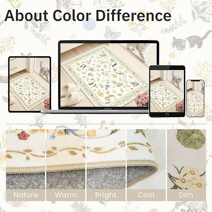 Soalmost Cat 6x9 Area Rugs for Living Room, Machine Washable Animal Floral Vintage Rug Non-Slip Low Pile Soft Throw Rugs for Bedroom Dining Room Kitchen Nursery Playroom (6 x 9,Beige)