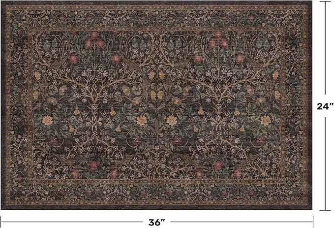 Boho Brown Washable 2x3 Entryway Rug - Front Door Mat Rugs Indoor Entrance, Non-Slip Vintage Floral Small Throw Rug for Kitchen, Bathroom, Dark Modern Western Unique Entry Décor