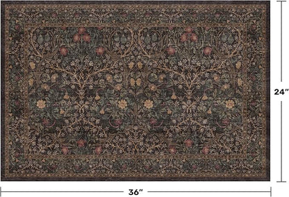 Boho Brown Washable 2x3 Entryway Rug - Front Door Mat Rugs Indoor Entrance, Non-Slip Vintage Floral Small Throw Rug for Kitchen, Bathroom, Dark Modern Western Unique Entry Décor
