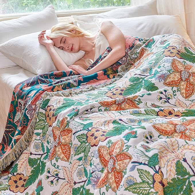 MSGKV Boho Throw Blanket for Bed Twin Size 100% Cotton Floral Blanket 60"x80" Lightweight Farmhouse Muslin Spring Breathable Couch Blankets Home Decor All Seasons