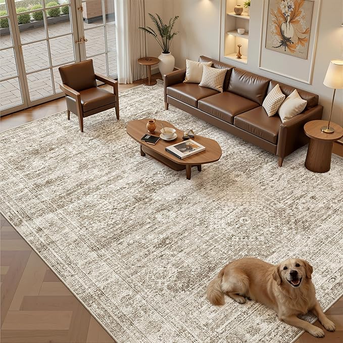 9x12 Area Rugs for Living Room, Non Slip Machine Washable Vintage Rugs, Low Pile Lightweight Large Rug for Bedroom, Dining Room, Home Office Brown