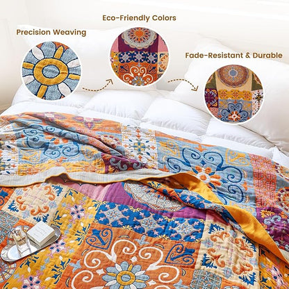 MSGKV Boho Throw Blanket for Bed 60"x80" 100% Cotton Couch Blanket Spring Breathable Lightweight Twin Size Blankets Home Decor Muslin All Seasons