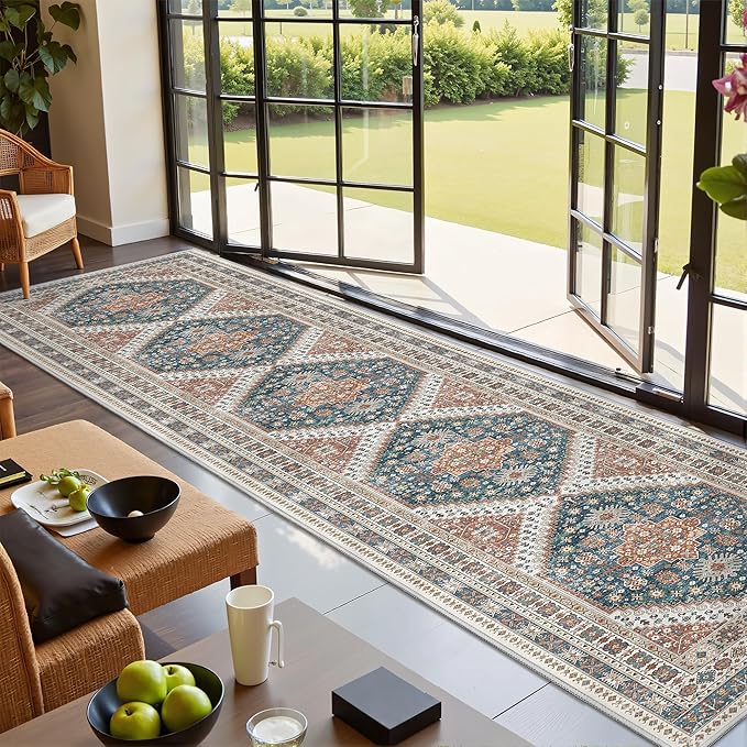 Hallway Runner Rug 2x12, Extra Long Washable Runner Rugs with Rubber Backing, Non Slip Runner, Vintage Rug Runners for Kitchen Laundry Room Entryway (Blue/Red,2'x12')