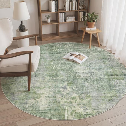 Soalmost 5x5 Green/Ivory Round Rug 5ft Living Room Circle Rug Vintage Round Area Rug Non Slip Indoor Carpet for Entryway Dining Room Bedroom