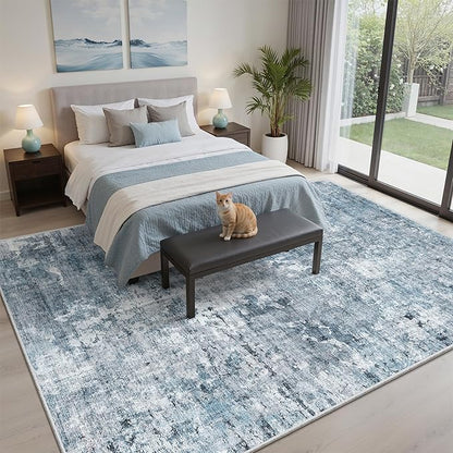 Area Rug 6x9 Abstract Rugs for Living Room 6 x 9 Washable Rugs Blue Non Slip Low Pile Rugs for Bedroom Dining Room Foldable Thin