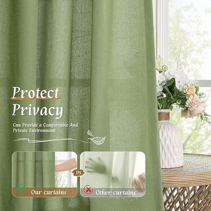 LAMIT 48 Inch Linen Curtains 2 Panels, Soft Faux Linen Light Filtering Panels Rod Pocket Farmhouse Privacy Drapes for Small Window/Loft Room, 42 x 48 Inch, Green
