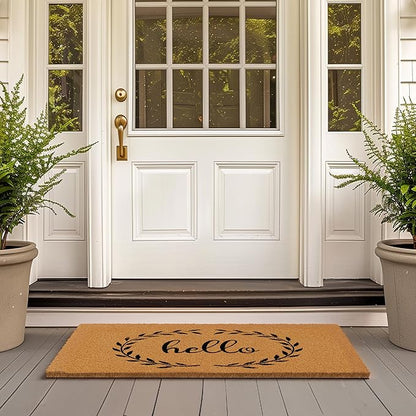 Barnyard Designs Natural Coco Coir Heavy Duty Backing Doormat - Large Cute Non-Slip Front Door Welcome Mat for Outside Entrance or Porch Entry, Brown (24x36, Hello)
