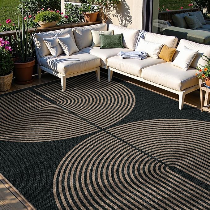 Lahome Enfys Rainbow Easy Jute Outdoor Carpet, Washable Rugs 9x12 for Living Room Patio Large Farmhouse Indoor Outdoor Carpet, Contemporary Black Dining Room Rugs for Under Table Office Backyard