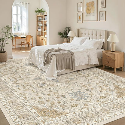 Madane Washable Rug 8x10 Area Rugs for Living Room, Ultra-Thin Non-Slip Backing Rug, Stain Resistant Vintage Large Area Rug for Bedroom (Beige/Blue, 8'x10')