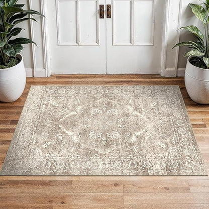 2x3 Entryway Area Rug Washable - Neutral Small Entry Rug Kitchen Rug Runner Vintage Soft Floor Mat Non Slip Indoor Farmhouse Carpet for Bedroom Bathroom Living Room (Beige)