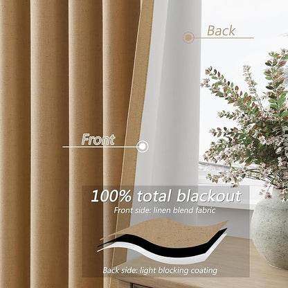 Guken 100% Blackout Linen Curtains 120 Inch Length 2 Panels Set for Living Room Bedroom Back Tab Thermal Insulated Black Out Linen Drapes Room Darkening Window Curtains,Camel Brown