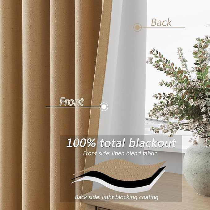 Guken Camel Brown 100% Blackout Linen Curtains 63 Inch Length 2 Panels Set for Living Room Bedroom Back Tab/Rod Pocket Thermal Insulated Black Out Drapes Room Darkening Farmhouse Window Curtains