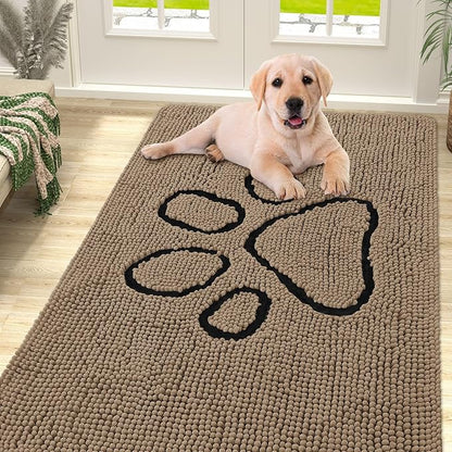 Smiry Dog Door Mat for Muddy Paws, Absorbent Dirt Trapper Non Slip Quick Dry Washable Chenille Mat for Mud Dogs, Entry Rug for Indoor and Outdoor (59x35 Inches, Camel and Black)