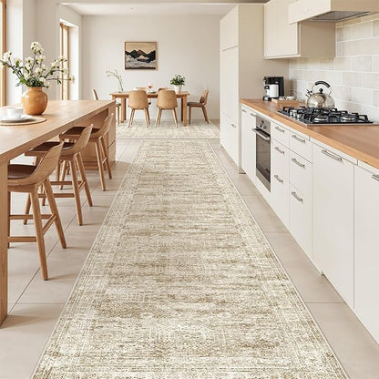 Washable Runner Rug 2.5x16, Non-Slip Long Hallway Runner for Entryway, Soft Vintage Kitchen Mats for Floor, Abstract Dining Room, Bedroom, Living Room Rugs(2.5'x16', Brown/Ivory)