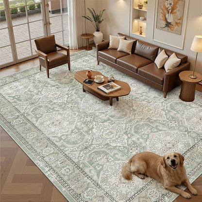 8x10 Area Rugs, Washable Rugs, Large Stain Resistant Area Rug for Living Room Bedroom Dining Room, Vintage Farmhouse Rug Green