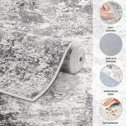 UERMEI 6ft Round Area Rug Living Room Rugs - 6x6 Washable Neutral Modern Abstract Soft Thin Rug Indoor Floor No Slip Rug Carpet for Bedroom Under Dining Table Home Office Decor - Grey