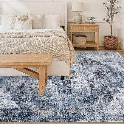 Area Rug 6x9 Washable Rug, Vintage Boho Medallion Rugs Non-Slip Soft Low Pile Large Distressed Rug Indoor Retro Carpet for Living Room Bedroom Dining Room Home Office (Blue, 6'x9')