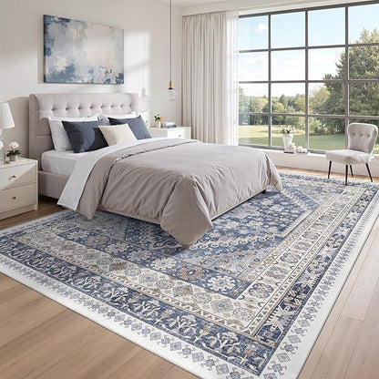 zesthome 8x12 Area Rugs,Stain Resistant Washable Rug,Ultra-Thin Rugs for Living Room,Bedroom,Non-Slip Backing Home Decor Large Area Rug (Blue/Beige,8'x12')