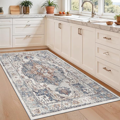 Washable 3x5 Kitchen Area Rugs: Cozy Soft Beside Low Pile Carpet for Living Room Bedroom Indoor Light-weight Doormat Anti-Slip Thin Low-Pile Rug for Entryway Nursery Small Vintage Floor Mat(3x5,Brick)