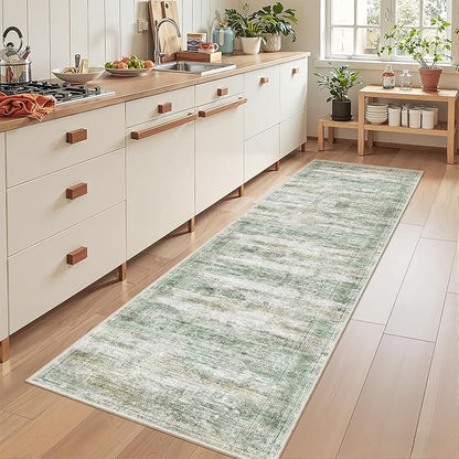 Rug Runners for Hallways Non Slip - 2x8 Runner Rug for Bedroom, Washable Runner with Rubber Backing, Soft Low-Pile Carpet for Kitchen, Laundry, Bathroom (2'x8', Green/Yellow/Ivory)
