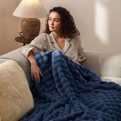 Bedsure 3D Fleece Bubble Blanket for Couch - GentleSoft Blue Twin Blanket for Sofa Bed Room Decor - Luxury Soft Cozy Gifts for Kids Girls, Lightweight, All Seasons, Navy Blue, 60"×80"
