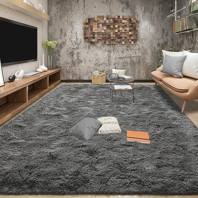Tepook Soft Fluffy Rugs for Living Room, 5x8 Shaggy Area Rug for Bedroom, Modern Shag Rug Fuzzy Carpets for Kids, Plush Indoor Nursery Home Decor Rug with Non-Slip Bottom, Dark Grey