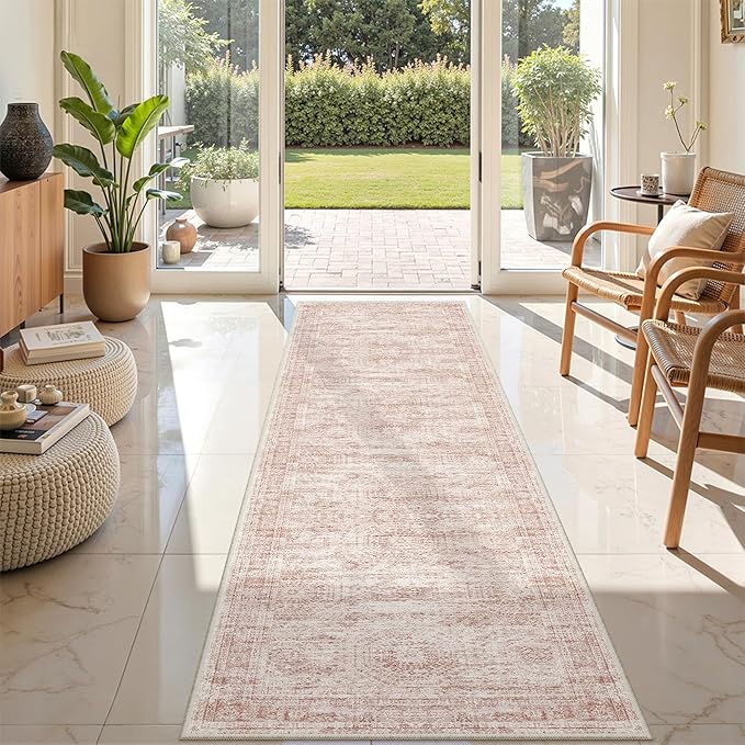Rug Runners for Hallways Non Slip - 2x8 Runner Rug for Bedroom, Washable Runner with Rubber Backing, Soft Low-Pile Carpet for Kitchen, Laundry, Bathroom (2'x8', Pink/Ivory)
