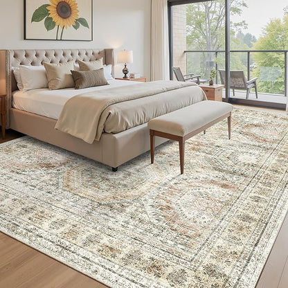 10x14 Area Rugs for Living Room, Non Slip Machine Washable Vintage Rugs, Low Pile Lightweight Large Rug for Bedroom, Dining Room, Home Office Brown Pink