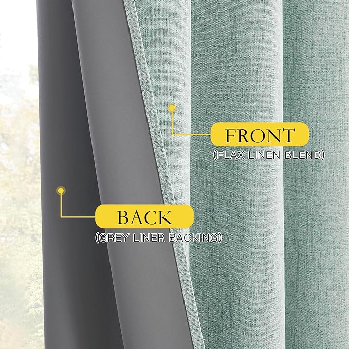 NICETOWN 100% Absolutely Blackout Linen Curtains with Thermal Insulated Grey Liner, Seafoam Green, 52 inches Wide, 48 inches Length Energy Saving Curtains for Laundry 2 Panels Set, Vertical Blinds