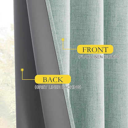 NICETOWN 100% Absolutely Blackout Linen Curtains with Thermal Insulated White Liner, Seafoam Green, 52" Wide, 90" Length Energy Saving Curtains for Living Room 2 Panels Set, Vertical Blinds