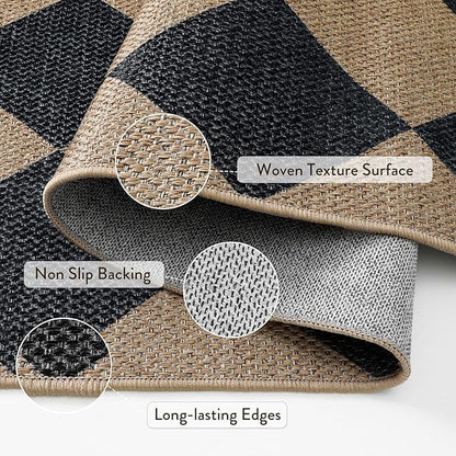 Lahome Colette Checkered Easy Jute Outdoor Rug, Large 6x9 Rug for Living Room Checkerboard Indoor Outdoor Carpet, Farmhouse Patio Office Mat Geometric Non Slip Black Carpet for Backyard Dining Room