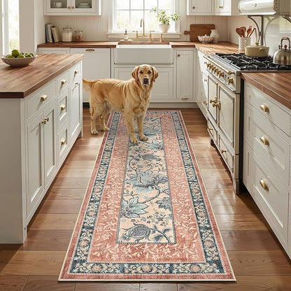 GarveeHome Terracotta Teal Washable 6x9 Area Rugs, Botanical Grove Vintage Cottagecore Non-Slip Rug for Living Room Bedroom Nursery Kitchen Low-Pile Retro Large Carpet