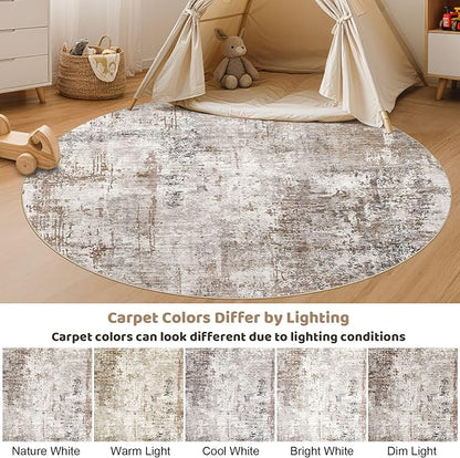 UERMEI 6ft Round Area Rug Living Room Rugs - 6x6 Washable Neutral Modern Abstract Soft Thin Rug Indoor Floor No Slip Rug Carpet for Bedroom Under Dining Table Home Office Decor - Brown/Grey/Red