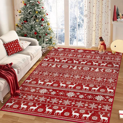 Christmas Rug 4x6 Washable Rugs, Boho Christmas Tree Snowflake Rug Non-Slip Soft Low Pile Non Shedding Indoor Holiday Carpet for Living Room Bedroom Dining Room Home Office (XmasRed, 4'x6')