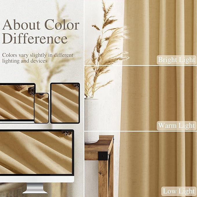 Gold Yellow Linen Curtains 84 Inch Length 2 Panels Set for Living Room Rod Pocket Back Tab Light Filtering Window Drapes for Bedroom Dining Room Protect Privacy Country Farmhouse Decor 52x84