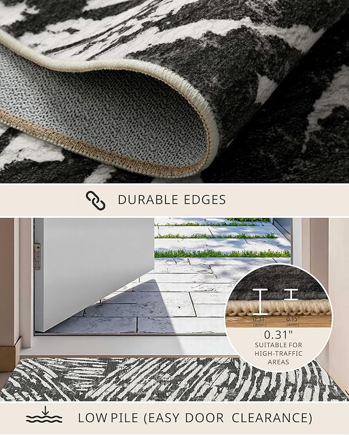 Latte&Fog 5x7 Area Rugs for Living Room Bedroom, Modern Abstract Washable Rug, Boho Non Slip Low Pile Carpet for Indoor Dining Room,Dorm, Classroom, College Dorm,Farmhouse and Kids Room - Black White