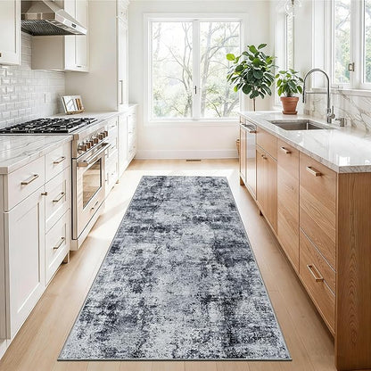 Hallway Runner Rug 2x8 Washable: Entryway Runners Rugs Non Slip Easy-to-Clean - Soft Living Room Bedroom Carpet - Thin Low Pile Printed Floor Mat for Dining Room Black Grey