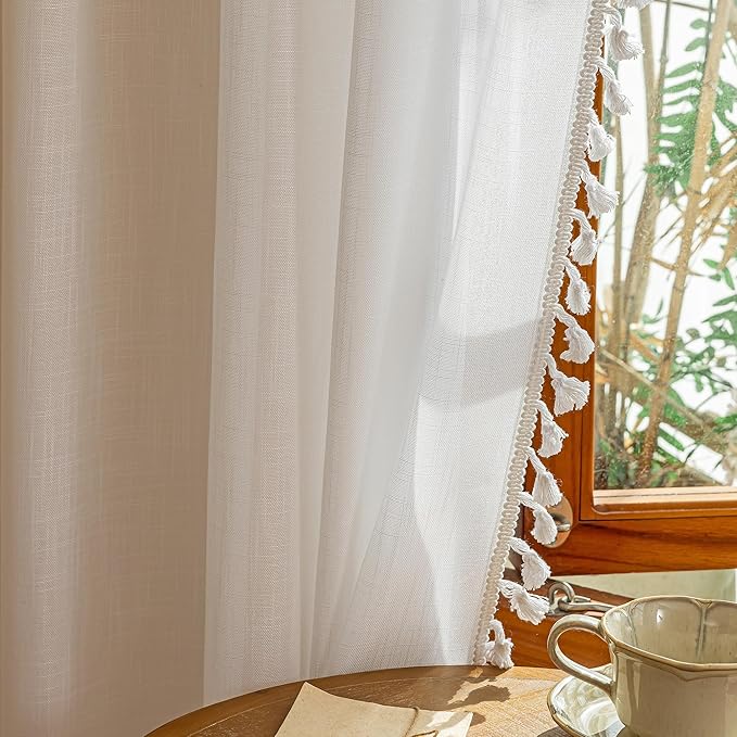 MYSKY HOME Boho Farmhouse White Long Curtains for Living Room, Light Filtering Privacy Semi Sheer Window Treatments with Tassle for Sliding Glass Door, 50" W×90" L, Pure White, Set of 2