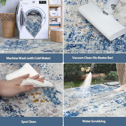4x6 Area Rugs for Living Room Rug Washable: Abstract Rug for Dining Room Bedroom Carpet Non Slip 4 by 6 Indoor Modern Nursery Home Office Blue Grey White