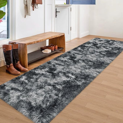 Tie-Dyed Dark Grey 2x8 Machine Washable Runner Rugs for Hallway Soft Fluffy Shaggy Bedside Rugs for Bedroom Living Room Indoor Floor Carpet for Kids Girls and Boys Nursery Rooms Home Decor Aesthetic