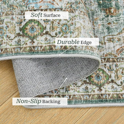Madane Runner Rug 2'6''x8' Kitchen Runner, Hallway Runner Printed Vintage Washable Rugs Soft Non-Slip Low Pile Runners for Hallways Laundry Room Rug Distressed Rug, Green
