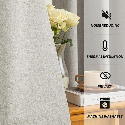 Yakamok Oatmeal Linen Curtains 100% Blackout 96 Inches Long,Room Darkening Textured Curtains for Living Room Thermal Grommet Bedroom Curtains 2 Panels with White Liner