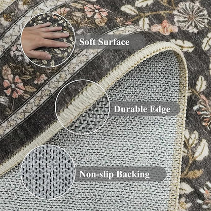 TOPRUUG 2x12 Washable Runner Rug - 12ft Runners for Hallway Non Slip Kitchen Rugs Soft Low Pile Carpet for Bedroom Bathroom Entryway - Stain Resistant Vintage Home Decor (Floral Charcoal, 2X12)