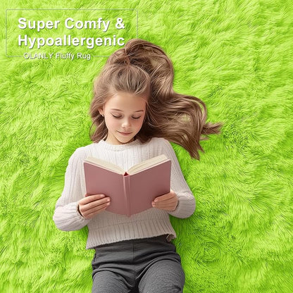 OLANLY 2x8 Machine Washable Runner Rugs for Hallway, Soft Fluffy Shaggy Bedside Rugs for Bedroom, Living Room, Indoor Floor Carpet for Kids Girls and Boys, Home Decor Aesthetic, Lime Green