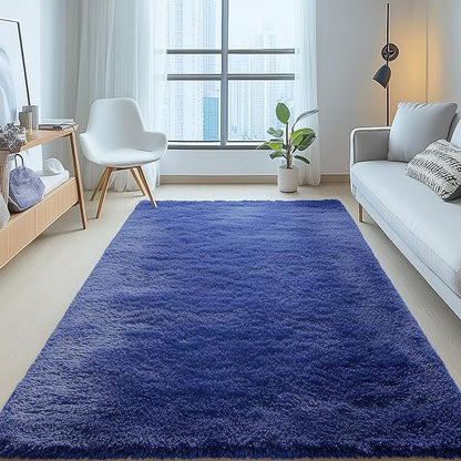 OLANLY 5x5 Area Rugs for Living Room Bedroom, Machine Washable Soft Fluffy Shaggy Bedside Rug, Indoor Floor Carpet for Kids Girls and Boys, Dorms, Nursery Rooms, Home Decor Aesthetic, Navy Blue