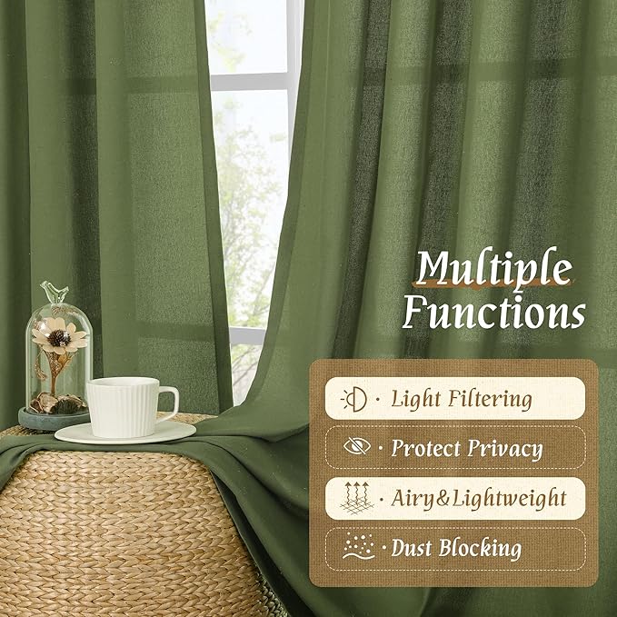 LAMIT Olive Green Linen Curtains for Bedroom, Faux Linen Textured Light Filtering Drapes Rod Pocket Boho Neutral Christmas Panels for Farmhouse/Living Room, 2 Panels, 52 x 72 Inch