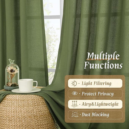 LAMIT Olive Green Linen Curtains for Bedroom, Faux Linen Textured Light Filtering Drapes Rod Pocket Boho Neutral Christmas Panels for Farmhouse/Living Room, 2 Panels, 52 x 72 Inch